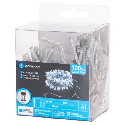 Aigostar - LED kerstsnoer 100xLED/3xAA 10,3m koud wit