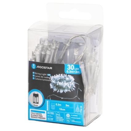 Aigostar - LED kerstsnoer 30xLED/3xAA 3,3m koud wit