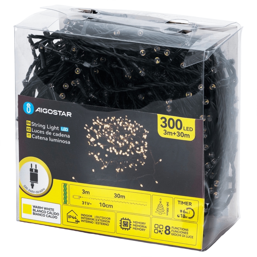 Aigostar - LED-kerstsnoer voor buiten, 300 LEDs / 8 lichtprogramma's, 30 m, IP44, warm wit