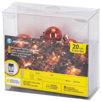 Aigostar - LED kerstverlichting 20xLED/3xAA 2m warm wit