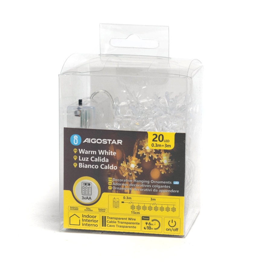 Aigostar - LED-kerstverlichting 20xLED/3xAA 3,3m met sneeuwvlokken
