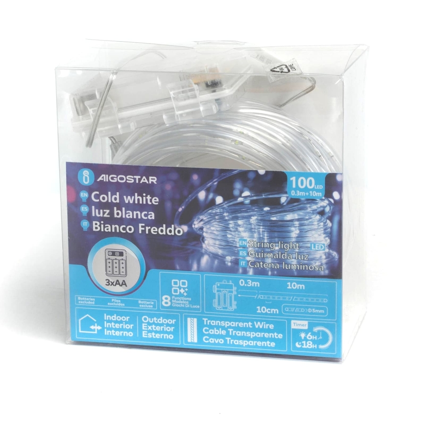 Aigostar - LED buiten kerstlichtsnoer 100xLED/8 functies 3xAA 10,3m IP44 koelwit