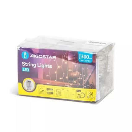 Aigostar - LED kerstverlichting voor buiten 300xLED/8 functies 3xAA 6x3m IP44 warm wit