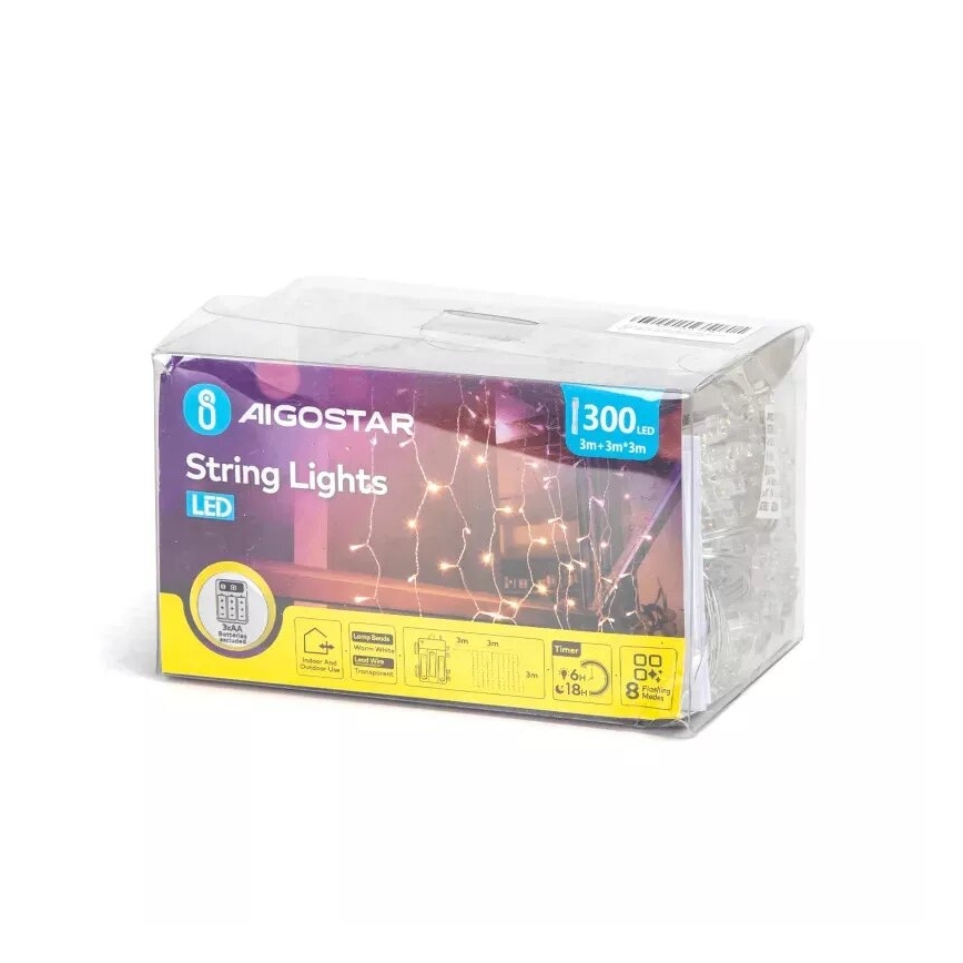 Aigostar - LED kerstverlichting voor buiten 300xLED/8 functies 3xAA 6x3m IP44 warm wit