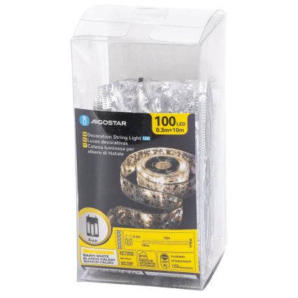 Aigostar - LED-lichtsnoer 100xLED/3xAA 10 m warm wit zilverkleurig