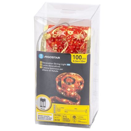 Aigostar - LED-lichtsnoer 100xLED/3xAA 10 m warmwit en rood