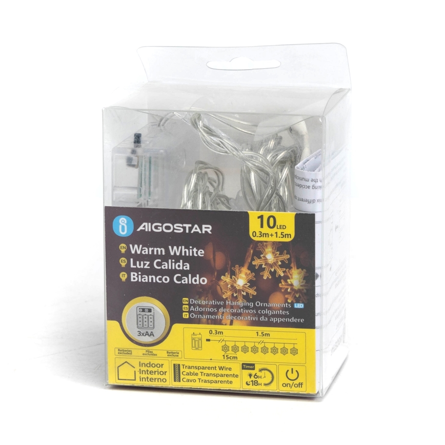 Aigostar - LED-lichtsnoer 10xLED/3xAA 1,5m warm wit sneeuwvlokken