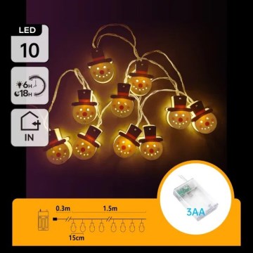 Aigostar - LED-lichtsnoer 10×LED / 3×AA, 1,5 m, warm wit, sneeuwpop