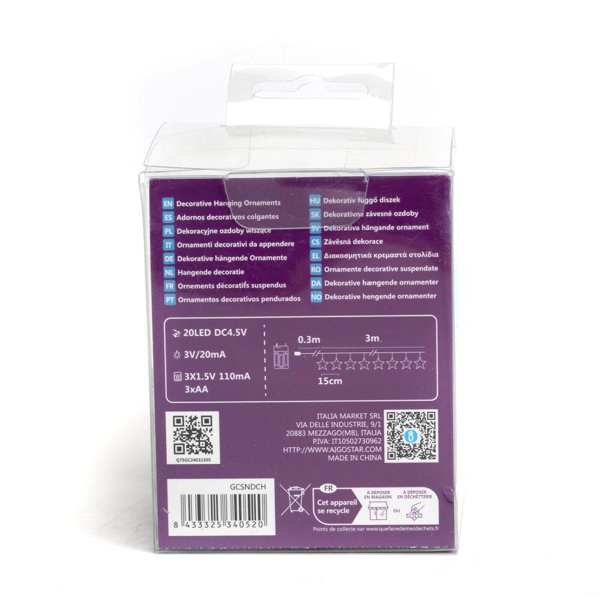 Aigostar - LED-lichtsnoer 20xLED/3xAA 3,3m sterren