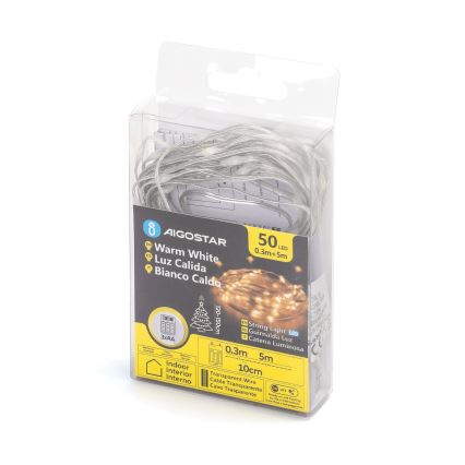 Aigostar - LED-lichtsnoer 50 LEDs / 3x AA, 5,3 m, warm wit