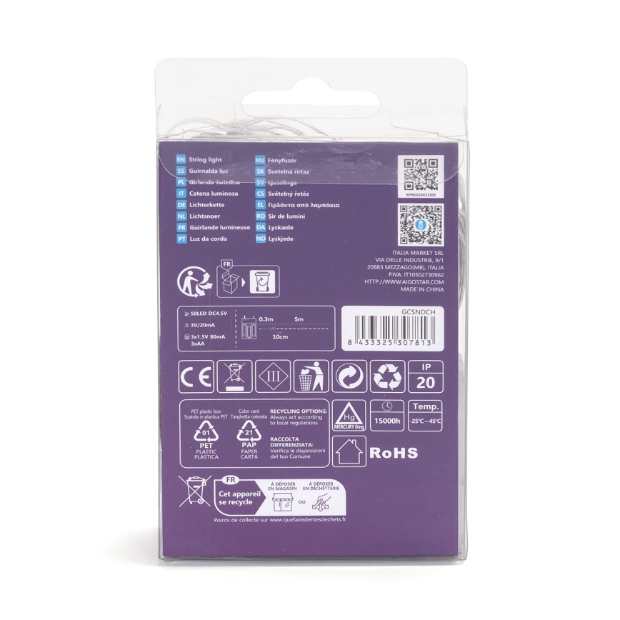 Aigostar - LED-lichtsnoer 50 LEDs / 3x AA, 5,3 m, warm wit