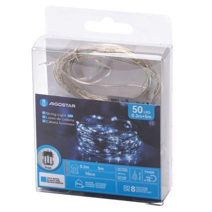 Aigostar - LED-lichtsnoer voor buiten 50xLED/3xAA IP44 5,3 m koud wit