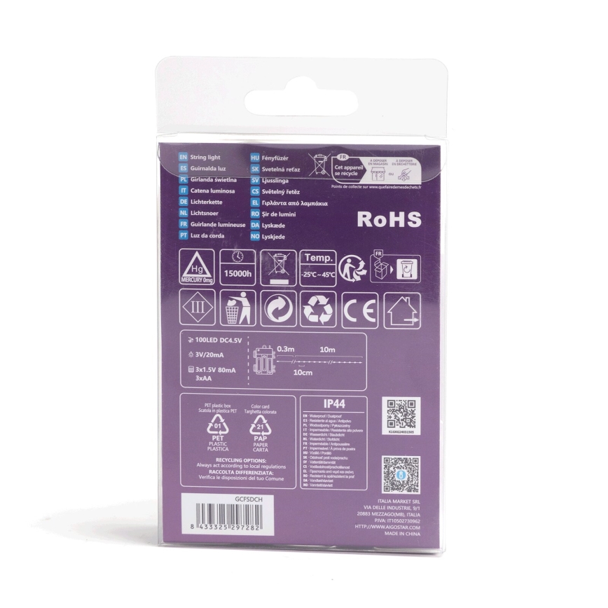 Aigostar - LED buitenlichtsnoer 100xLED/8 functies/3xAA10,3m IP44 meerkleurig