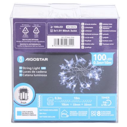 Aigostar - LED-buitenlichtsnoer 100xLED/8 functies 3xAA 10 m IP44 koelwit