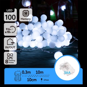 Aigostar - LED-lichtsnoer voor buiten 100xLED/3xAA/8 functies 10,3 m IP44 koud wit