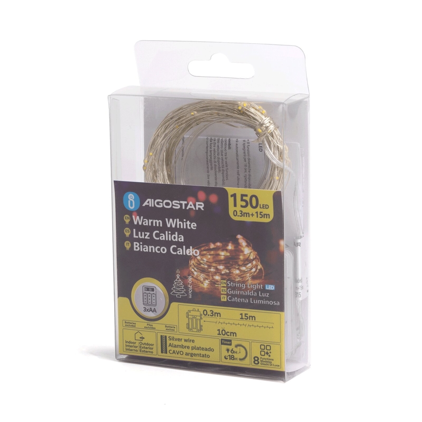 Aigostar -LED-lichtsnoer voor buiten 150xLED/8 functies 3xAA 15,3m IP44 warmwit