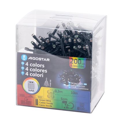 Aigostar - LED-lichtsnoer voor buiten, 200 LED-lampjes, 8 functies, 3× AA-batterijen, 10,3 m, IP44, meerkleurig