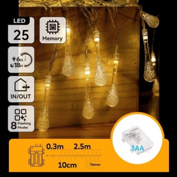 Aigostar - LED-lichtsnoer voor buiten 25xLED/8 functies 3xAA 2,5 m IP44 warm wit druppels
