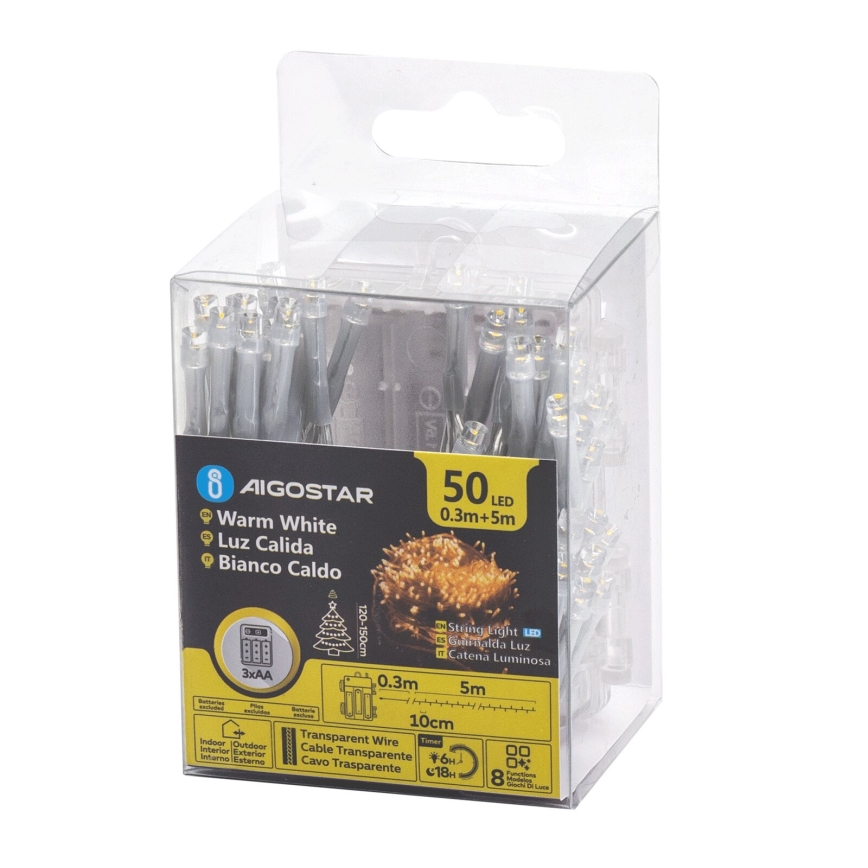 Aigostar - LED-lichtsnoer voor buiten 50xLED/8 functies 3xAA 5,3m IP44 warm wit