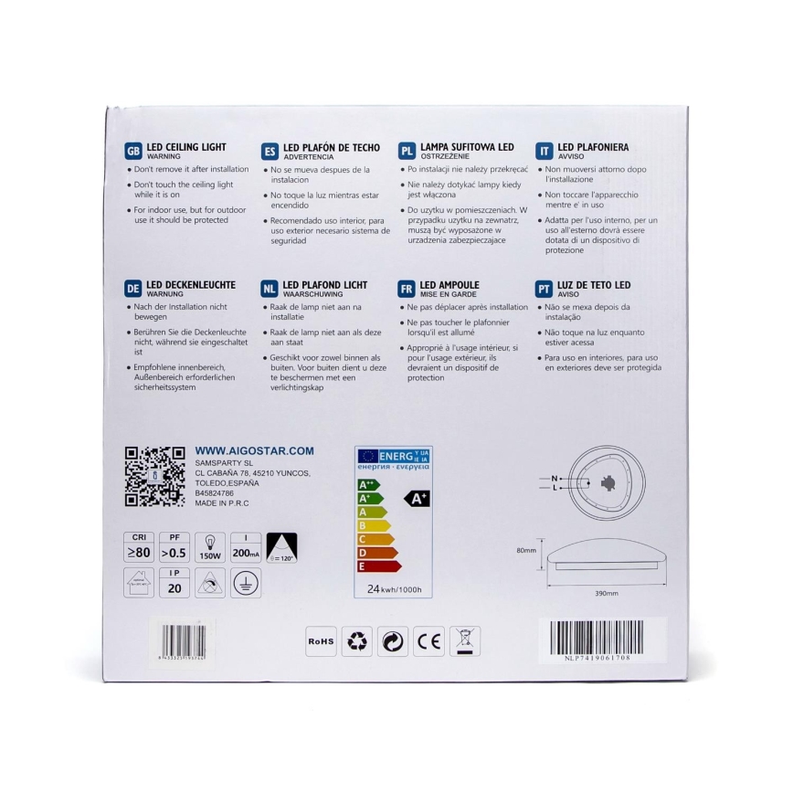 Aigostar - LED Plafond Lamp met Sensor LED/24W/230V 3000K