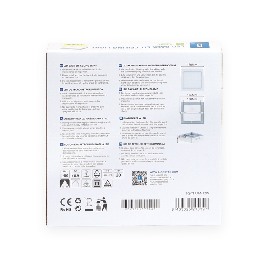 Aigostar - LED Plafonnier LED/12W/230V 17,3x17,3 cm 3000K blanc
