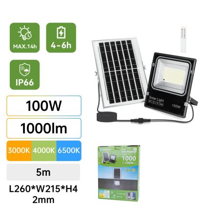 Aigostar - projecteur solaire LED/100W/3,2V 2000mAh 3000K/4000K/6500K IP66 + télécommande