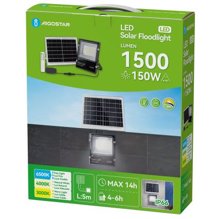 Aigostar - Projecteur solaire à LED LED/150W/3,2V 3000mAh 3000K/4000K/6500K IP66 + télécommande