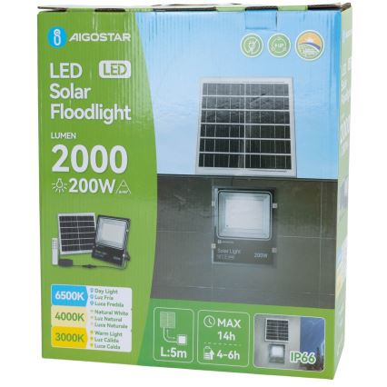 Aigostar - LED projecteur solaire LED/200W/3,2V 3600mAh 3000K/4000K/6500K IP66 + télécommande