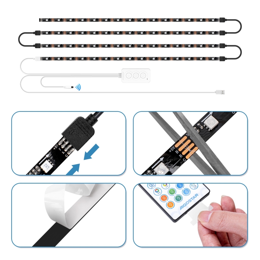 Aigostar - LED RGB Smart Dimbare strip 4x0,5m LED/4,5W/5V Wi-Fi + afstandsbediening