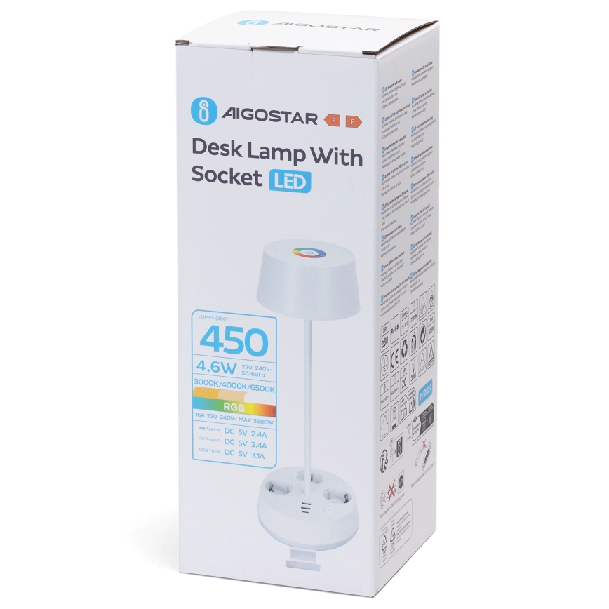 Aigostar - LED RGBW Dimbare Bureaulamp met Stopcontacten en USB LED/4,6W/230V 3000/4000/6500K Wit