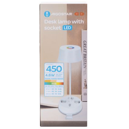 Aigostar - LED RGBW Dimbare Bureaulamp met Stopcontacten en USB LED/4,6W/230V 3000/4000/6500K Wit