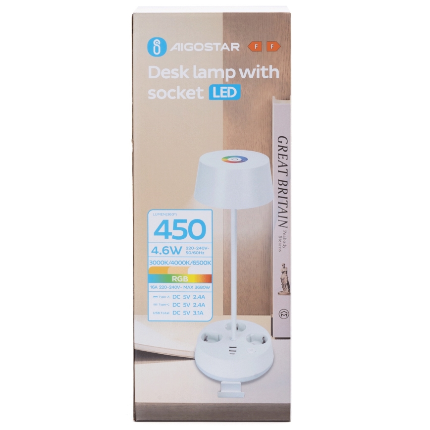 Aigostar - LED RGBW Dimbare Bureaulamp met Stopcontacten en USB LED/4,6W/230V 3000/4000/6500K Wit