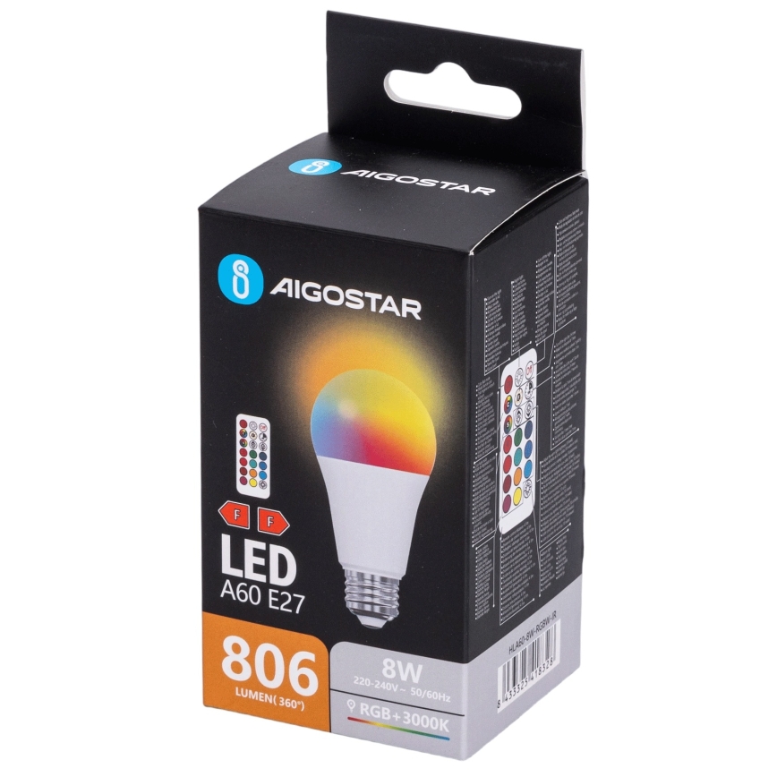 Aigostar - Dimbare LED RGBW-lamp A60 E27/8W/230V 3000K + afstandsbediening