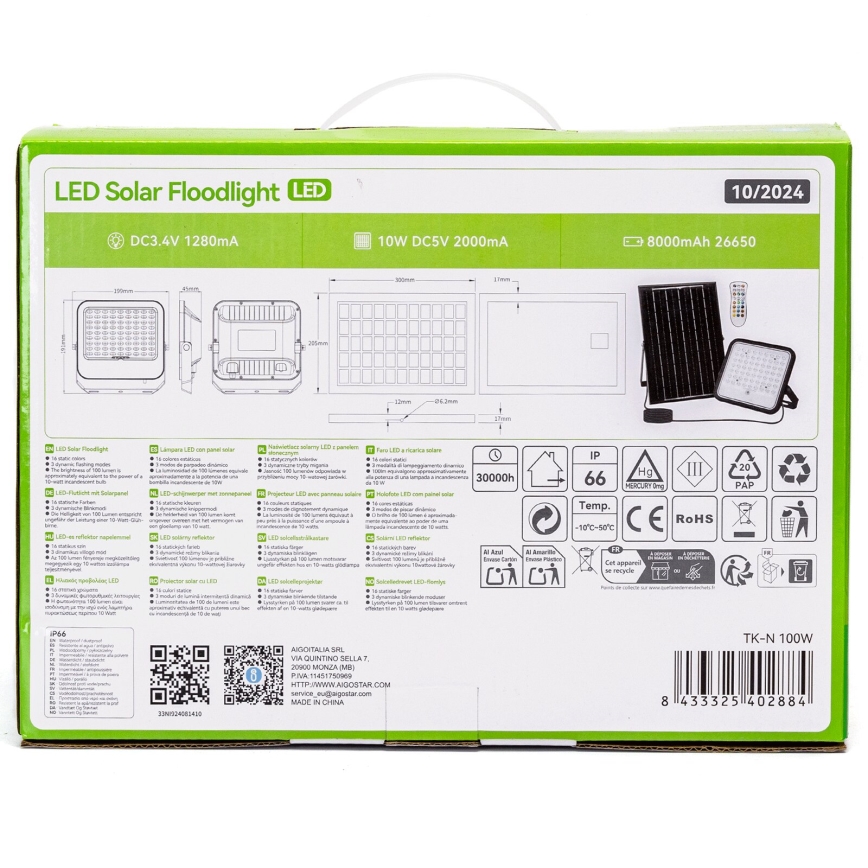 Aigostar - LED RGBW Dimbare zonne-schijnwerper LED/100W/3,4V IP66 + afstandsbediening
