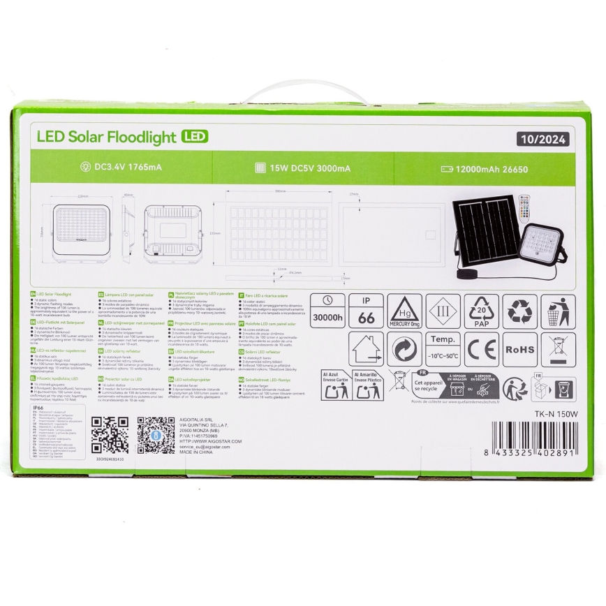 Aigostar - LED RGBW Dimbare zonne-schijnwerper LED/150W/3,4V IP66 + afstandsbediening