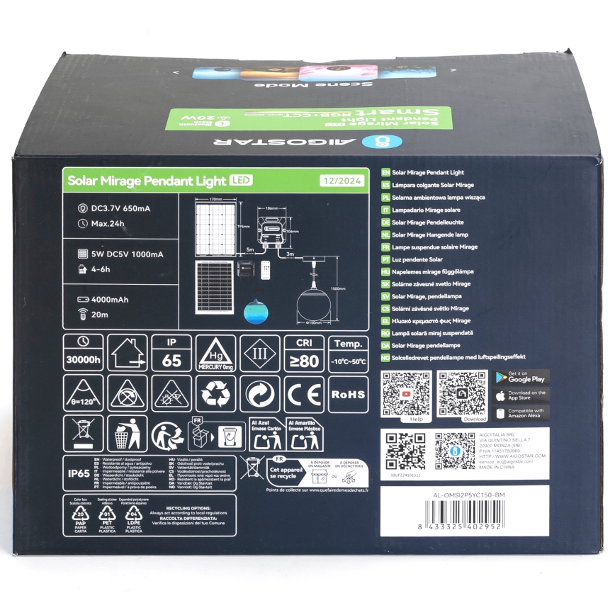 Aigostar - LED RGBW dimbare zonnehanglamp MESH LED/20W/3,7V 4000 mAh 2700K-6500K IP65 Ø 15 cm