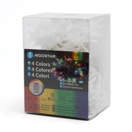 Aigostar - LED RGBY buiten kerstverlichting, 100 LED, 8 functies, 3x AA-batterijen, 10 m, IP44, met sterren