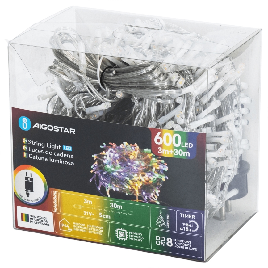Aigostar - LED Buiten  lichtsnoer 600xLED/8 functies 30m IP44 multicolor