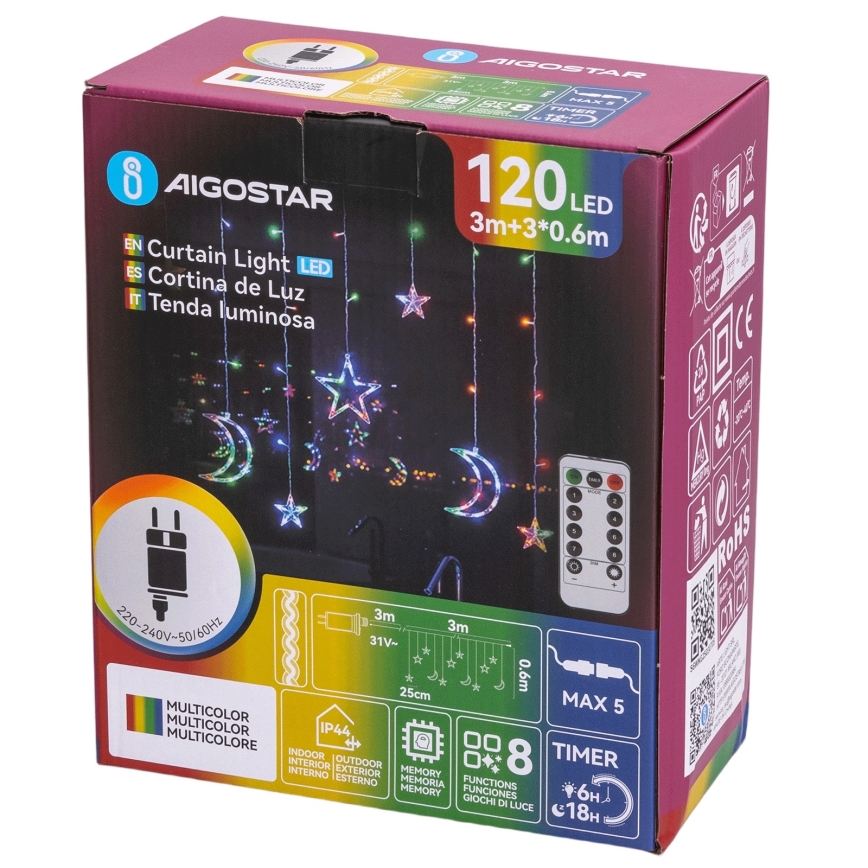 Aigostar - LED RGBY Guirlande lumineuse de Noël d'extérieur 120xLED/8 fonctions 3x0,6m IP44 multicolore + télécommande