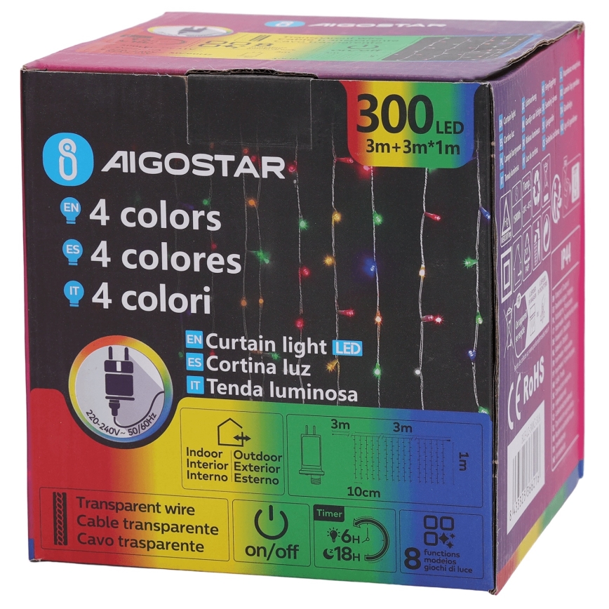 Aigostar - LED RGBY Guirlande de Noël extérieure 300xLED/8 fonctions 3x1m IP44 + télécommande
