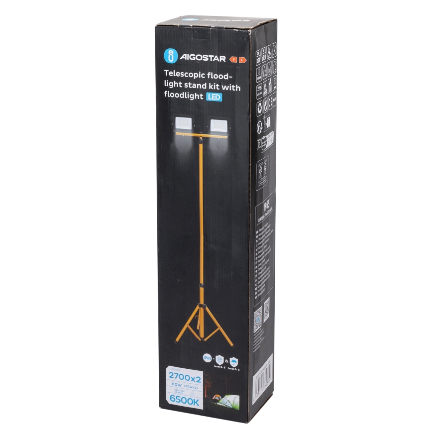 Aigostar - LED-schijnwerper met statief, 2×LED, 30 W, 230 V, 6500 K, IP65, oranje/zwart