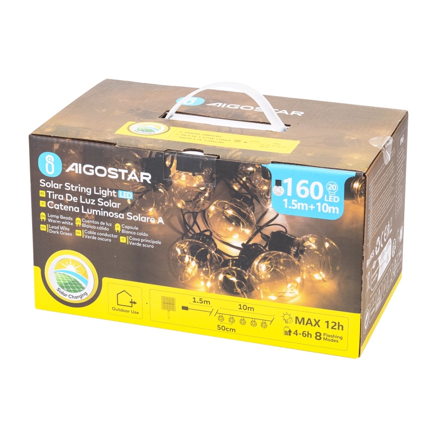 Aigostar - LED Solar Kerst lichtsnoer 20xLED/8 Functies 11,5m IP65 warm wit