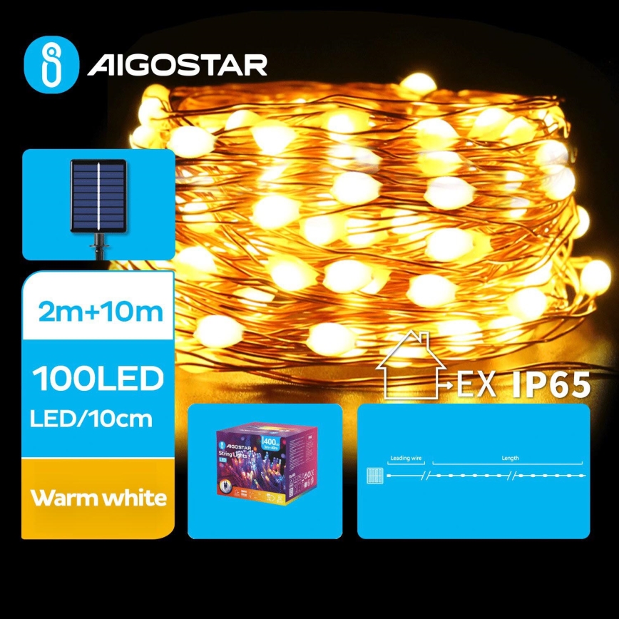 Aigostar - LED Solar Kerstketting 100xLED/8 Functies 12m 800 mAh IP65 warm wit