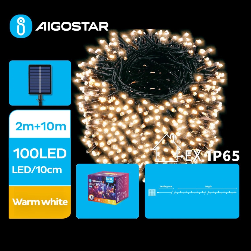Aigostar - LED Solar Kerstketting 100xLED/8 Functies 12m IP65 warm wit 800 mAh