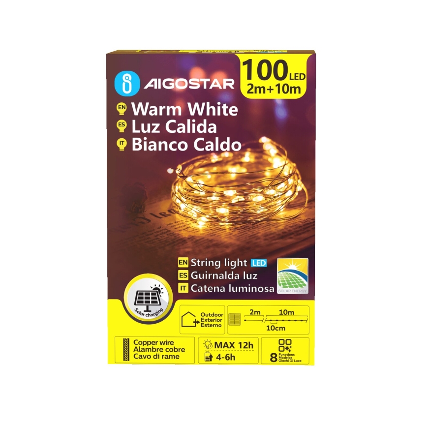 Aigostar - LED Solar Kerstketting 100xLED/8 Functies 12m 800 mAh IP65 warm wit