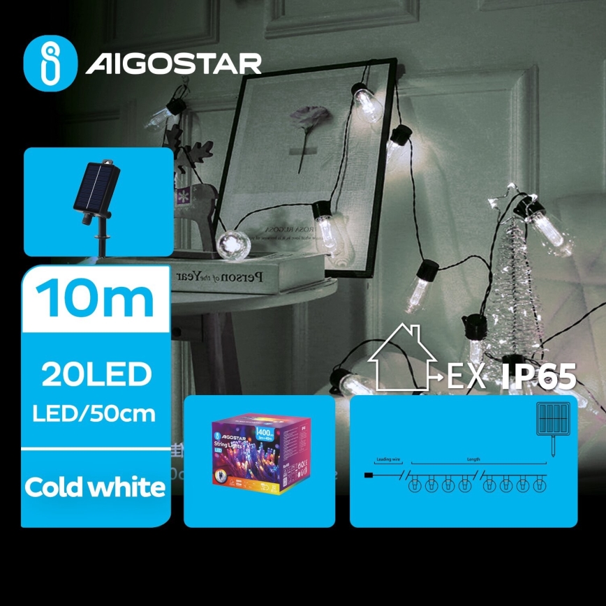 Aigostar - LED Solar Kerstketting 20xLED/8 Functies 11,5m 1200 mAh IP65 koud wit