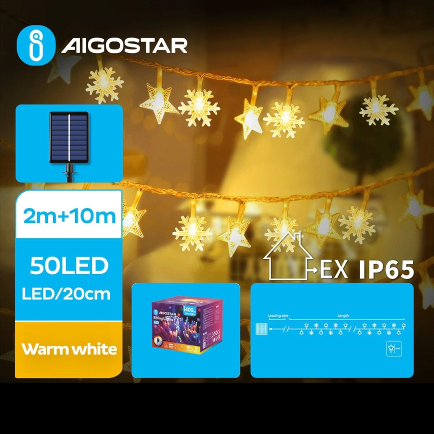 Aigostar - LED Solar Kerstketting 50xLED/8 Functies 12m 800mAh IP65 warm wit