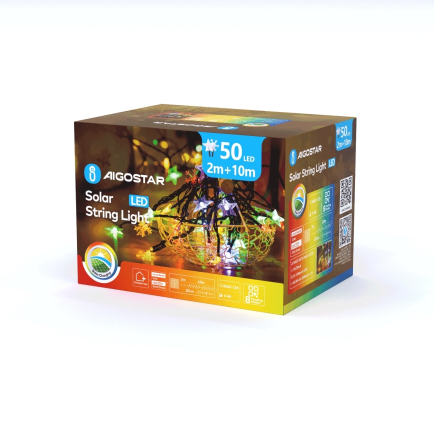 Aigostar - LED Solar Kerstketting 50xLED/8 Functies 800 mAh 12m IP65 Meerdere kleuren