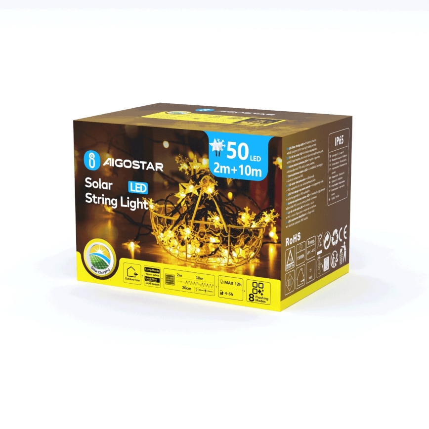 Aigostar - LED Solar Kerstketting 50xLED/8 Functies 12m 800mAh IP65 warm wit