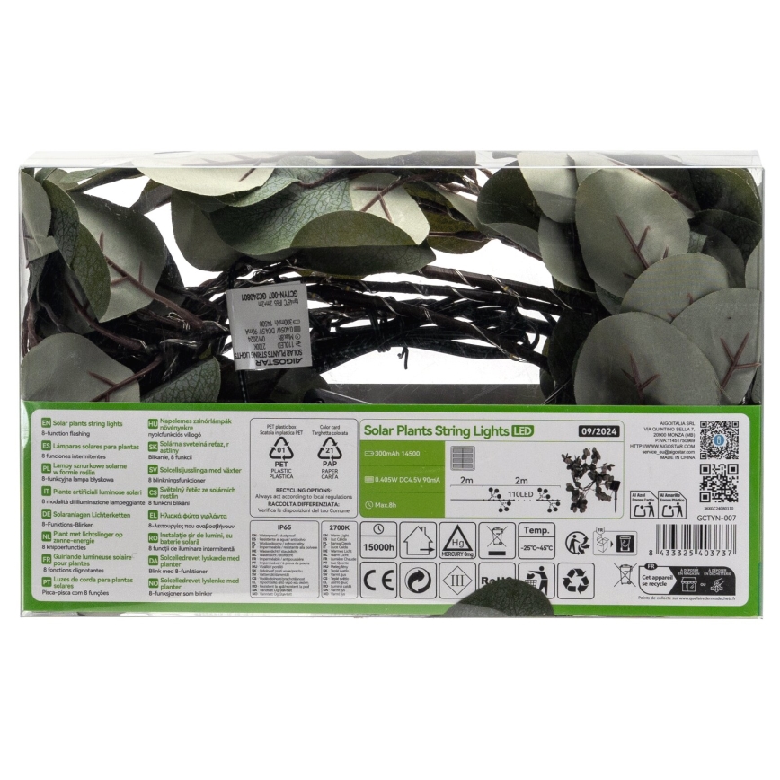 Aigostar - LED Solar ketting 110xLED/4m IP65 300 mAh warm wit eucalyptus